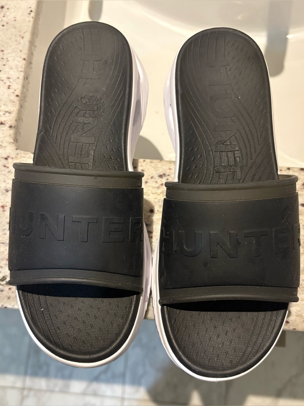 Hunter Black and White Women Slide Sandals with Embossed Logo